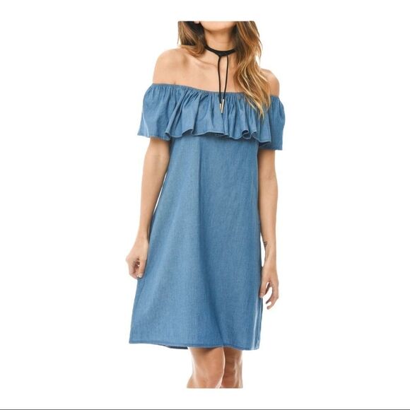 California Moonrise Blue Denim Chambray Off Shoulder Dress EUC - Picture 2 of 7